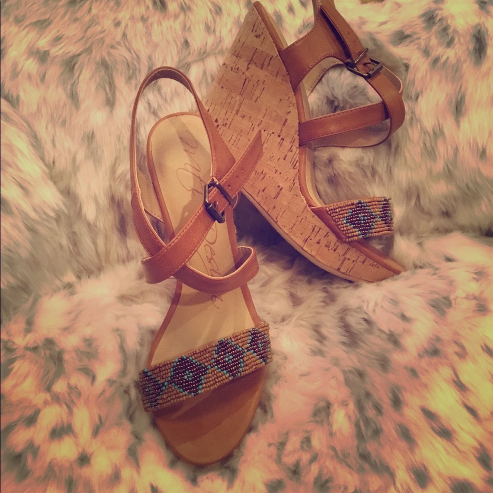 Cognac Cork Wedges with Bead Embellished Toe Strap